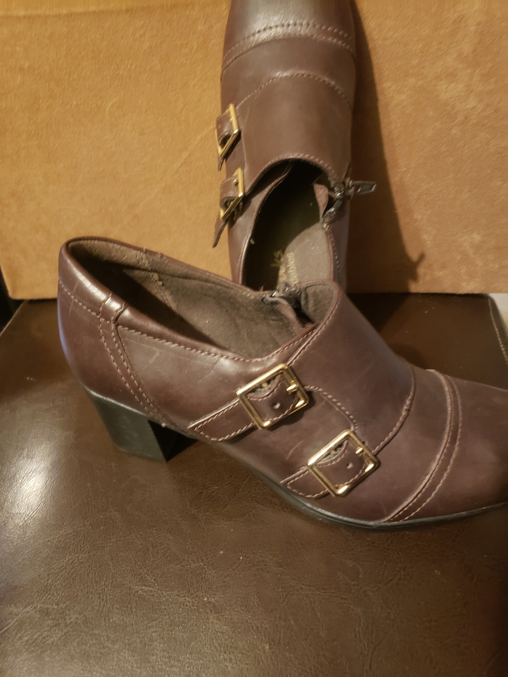 Clarks Brown Double-Buckle Heeled Booties Size 6M